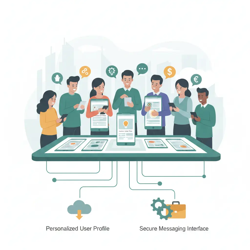 Team of people interacting with mobile app prototypes on a digital table, representing personalized app development and user engagement.