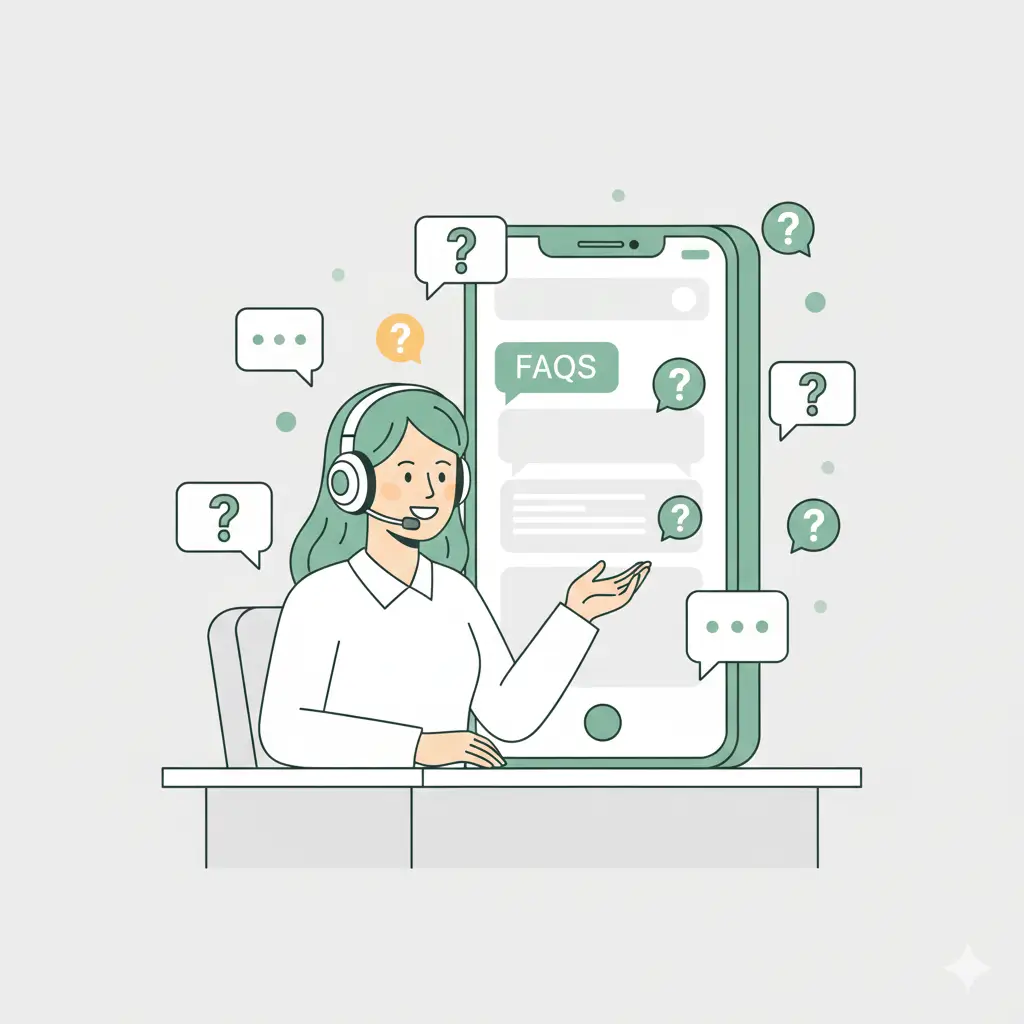 Female support agent with headset answering FAQs beside a large smartphone screen, surrounded by question icons, symbolizing customer assistance.