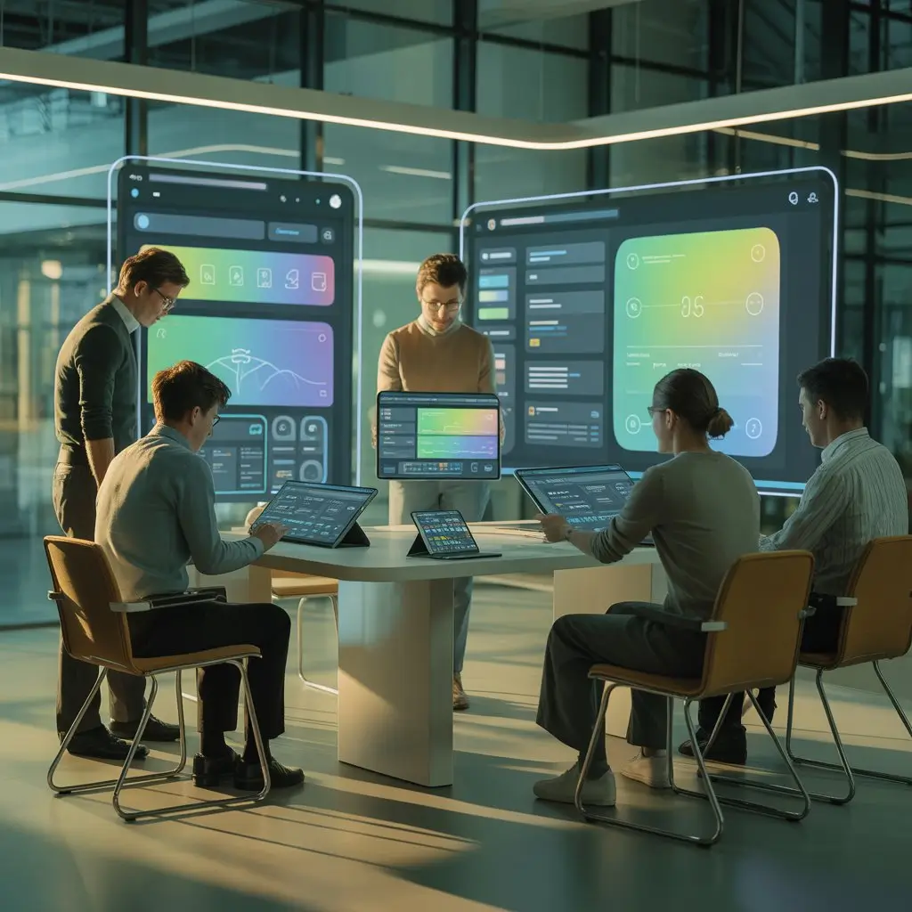 UX design team collaborating on tablet dashboards in a modern office, reviewing mobile app UI on large digital screens