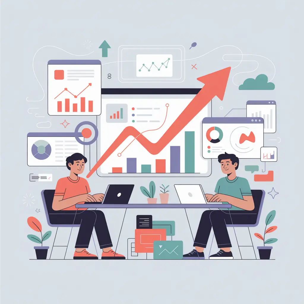 Two people analyzing business data on laptops with graphs and charts showing teamwork, growth, and data-driven insights.