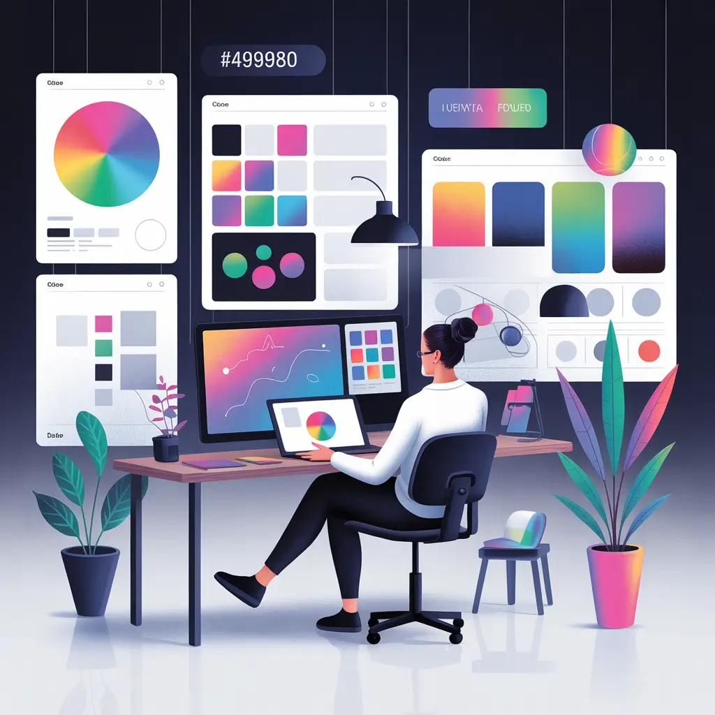 Graphic designer working on color palettes at a digital workspace with screens displaying design tools and gradients.