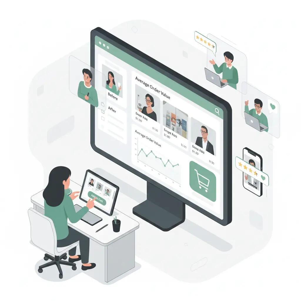 Woman using e-commerce dashboard with custom Shopify themes, analytics, and multi-platform previews for store growth.