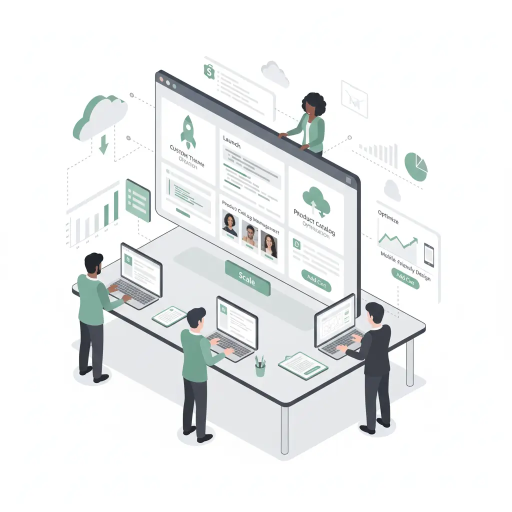 Team managing Shopify store setup with custom themes, product catalog optimization, and analytics for eCommerce scaling.