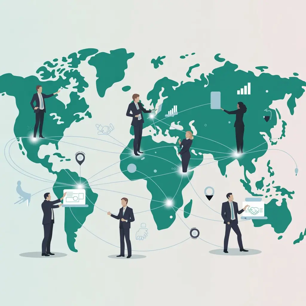 Business professionals collaborating across a world map, representing global networking, international partnerships, and worldwide digital connectivity with data icons and communication lines