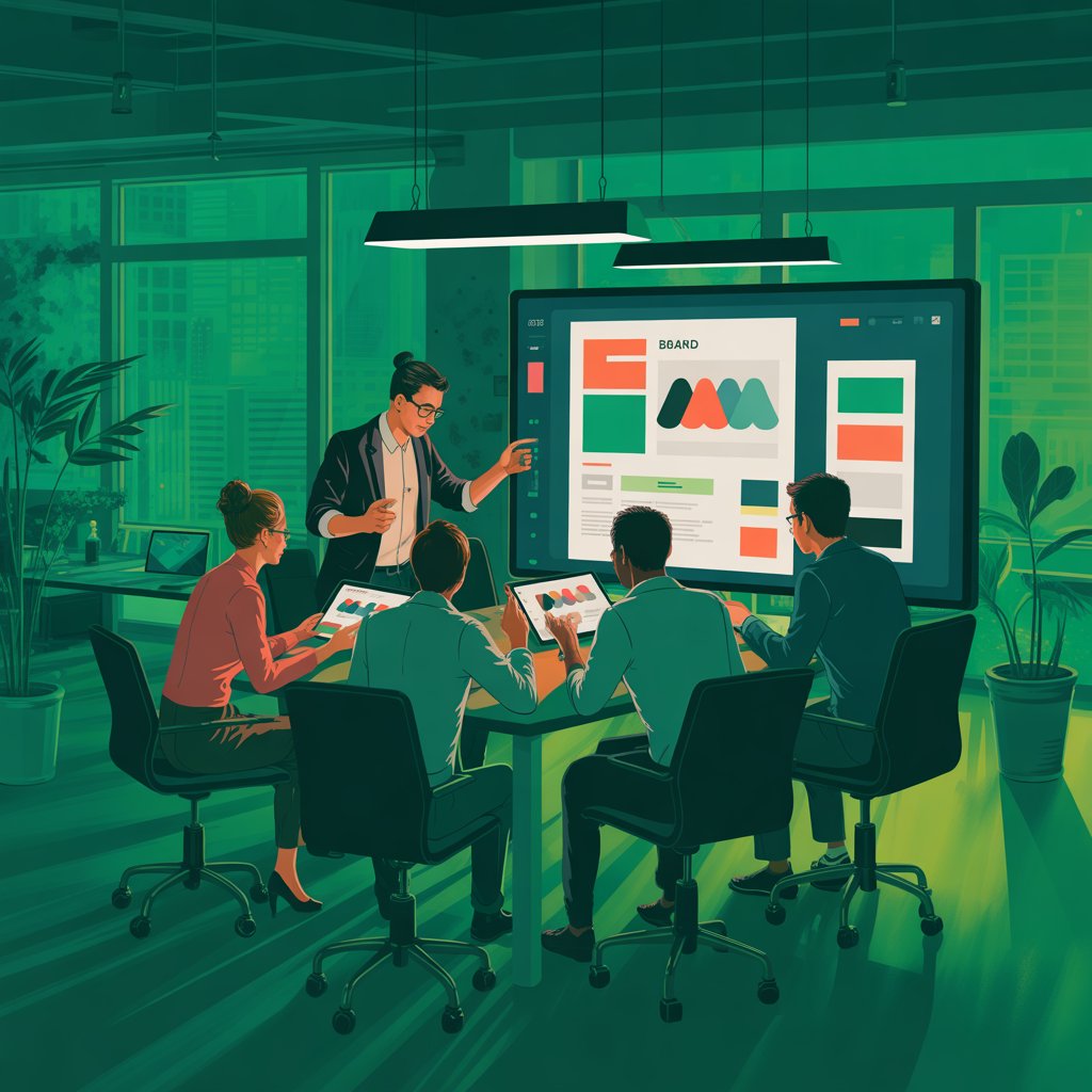 Digital marketing team collaborating on brand strategy and design concepts during a creative presentation in a modern office environment.