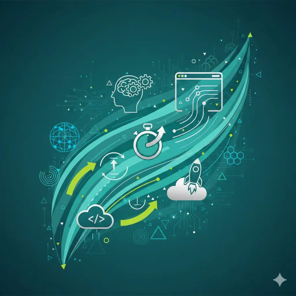 Abstract digital design for an 'Innovative Technology Solutions' section, featuring sweeping teal and lime green waves