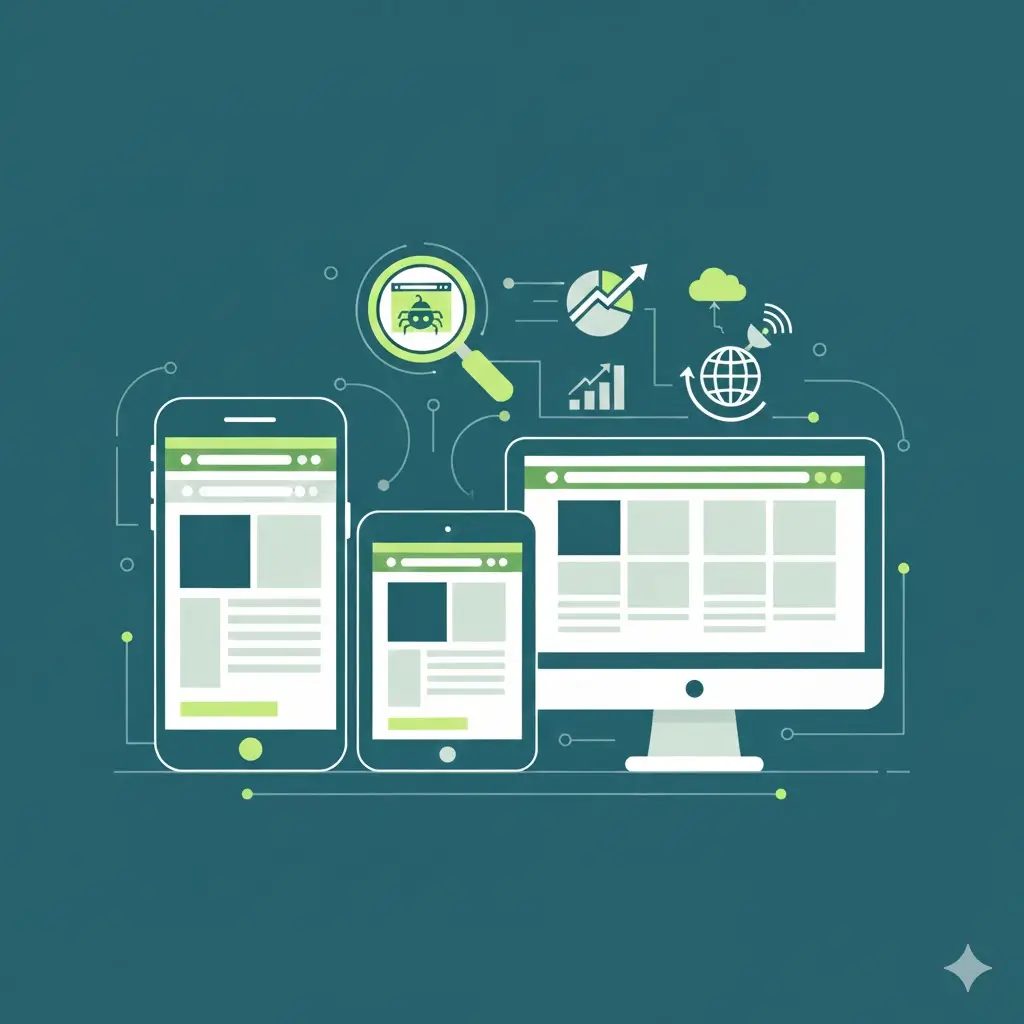 Digital design featuring SEO and mobile icons, including a magnifying glass on a monitor, various screen sizes (desktop, tablet, phone) connected by arrows, and a web crawler icon, all against a greenish-blue background.